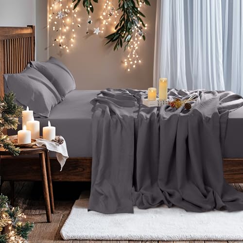 Image of 100% Pure Linen Sheet Set Breathable Natural Linen Sheets King Size, 4pcs Bedding Set Up to 16 inch Moisture-Wicking Softens with Every Wash (Dark Gray King)