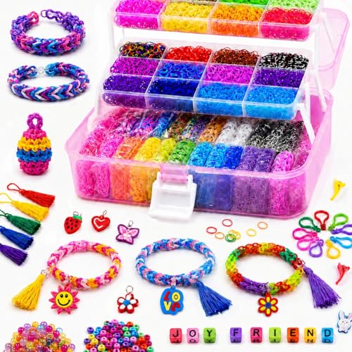 FunzBo Loom Bänder Set XXL Koffer mit reichen Zubehör über 15000+ Gummis in 28 Farben Inkl.Halsketten,Ringe und Gummiband Armbänder selber machen Gummi Bastelset Kinder ab 6 Jahre