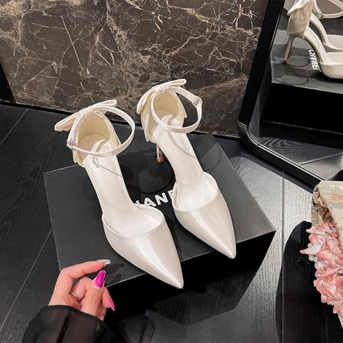 Women's High Heels Strappy Closed Toe Stiletto Pointed Toe Satin Bow Ankle Dress Wedding Party Pumps Shoes3