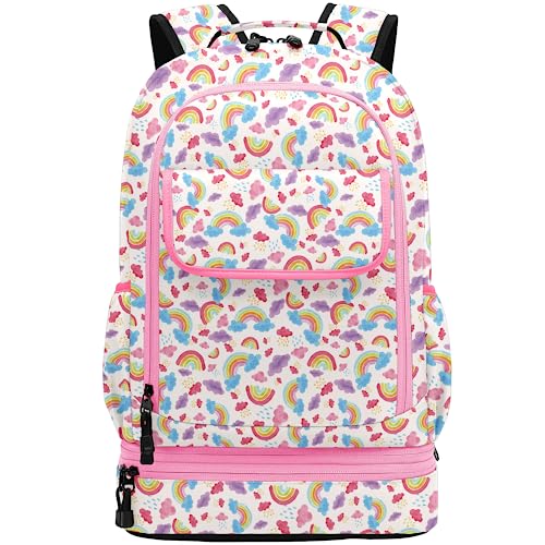 Image of Leaper Water-resistant Cute Rainbow Laptop Backpack Double Deck Lunch Bag Satchel Light Pink