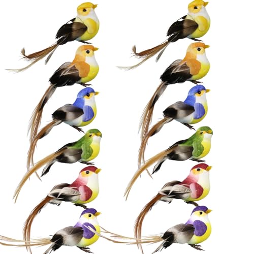 Pájaros de simulación – 12 pájaros artificiales para pinzas, pájaros realistas de espuma artificial, decoración de pájaros, decoración de árboles, plumas de espuma con garra para manualidades