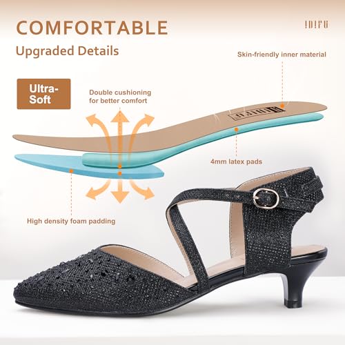 IDIFU IN2 Womens Pumps Closed Toe Low Heel Dress Shoes for Women Pointed Toe Kitten Heels Comfortable Casual Sparkly Rhinestone Wedding Bridal Formal Work Office Prom Party Strappy Ankle Strap Heels3