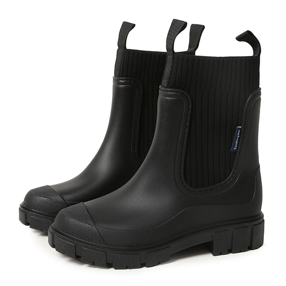 Harssidanzar Womens Ankle Rain Boots Waterproof Chelsea Boots Anti-Slipping Rainboots and Garden Shoes for Ladies with Knit Detail