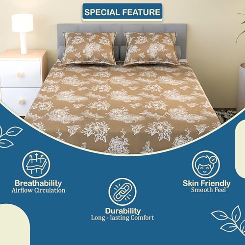 Image of Kuber Industries Cotton 180 TC Double Bedsheet With 2 Pillow Covers | Machine Washable Soft Bedsheet For Living Room, Home & Hotels | Lotus Fabio Print - Brown & White