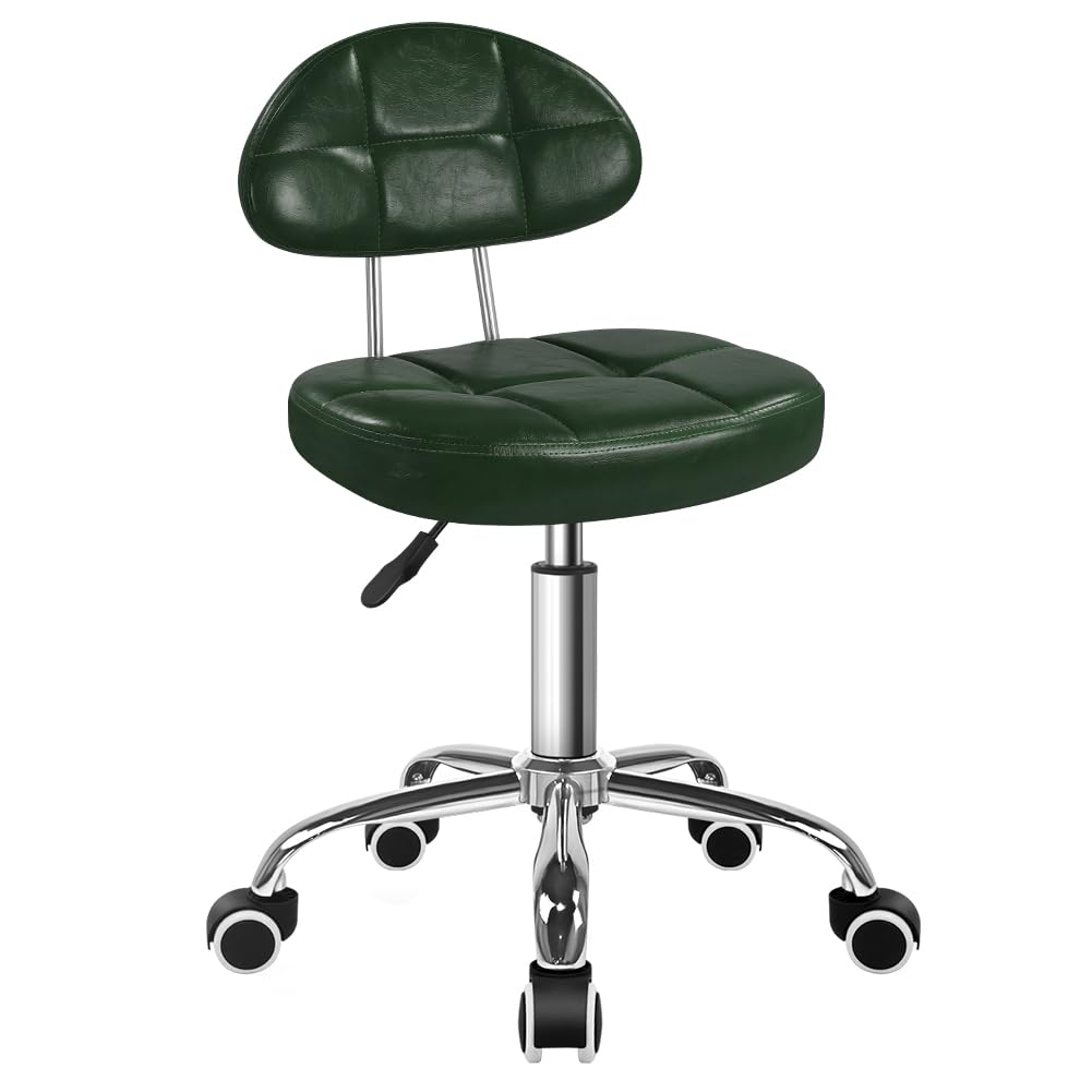 BFTOU Square Minimalist Swivel Stool with Wheel for Work SPA Shop Massage Height-Adjustable and Cost-Effective Rolling Stool Chair with Back (Green)