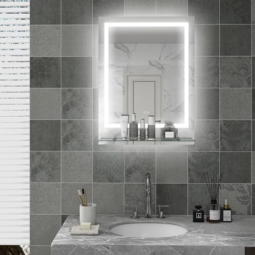 kleankin Miroir Lumineux LED rectangulaire Miroir Mural avec étagère de Salle de Bain 80 x 60 cm luminosité réglable Anti-buée Interrupteur Tactile