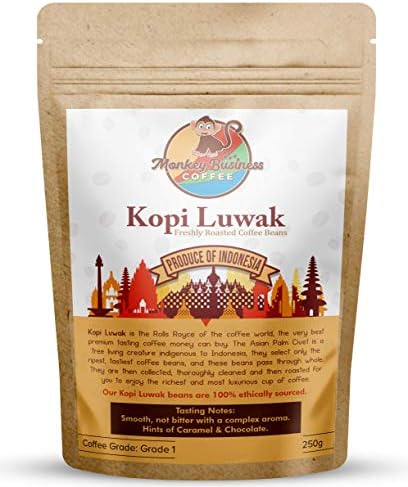 Monkey Business Coffee - Wild Kopi Luwak Coffee Whole Beans - Ethically Sourced - 250 Grams (8.8oz) (Other Weights & Bean Types Available) - Produce of Indonesia