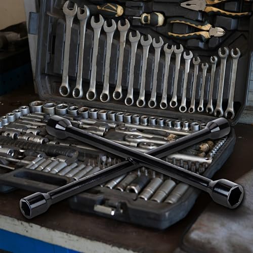 Image of CARTMAN 14 Inch Heavy Duty 4 Way Universal Cross Lug Wrench Tire Iron | Built with sturdy thick steel structure, 4 integrated sockets sized 17 /19mm & 21 /22mm for effortless vehicle tire maintenance