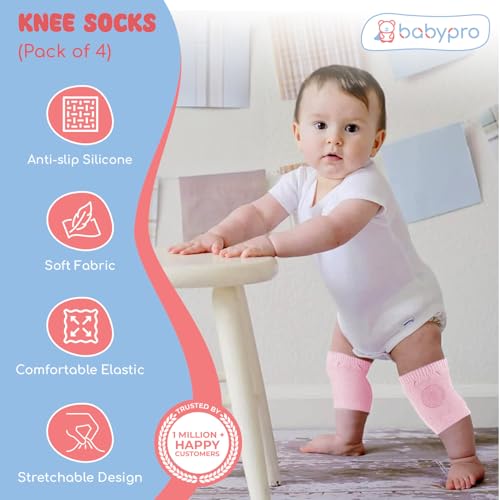 Image of BabyPro Baby Knee Guard-Set of 4, Multicolour Knee Pad for Toddler Crawling | Stretchable, Breathable Leg Warmers, Anti-Slip Silicone Dots Knee Support