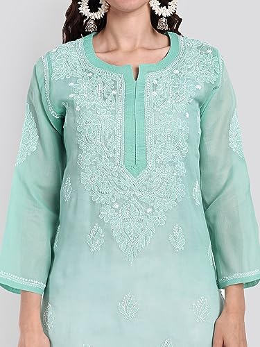 Image of Seva Chikan Hand Embroidered Lucknowi Chikankari Cotton Kurta Kurti for Women SCL4302