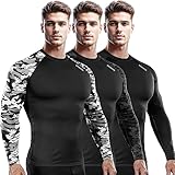 DRSKIN Paquete de 4, 3, 2 o 1 camiseta de compresión para hombre, manga larga, deportiva, capa base, entrenamiento, correr, atletismo activo, Redondo (negro + camuflaje (gris + negro)) paquete de 3,