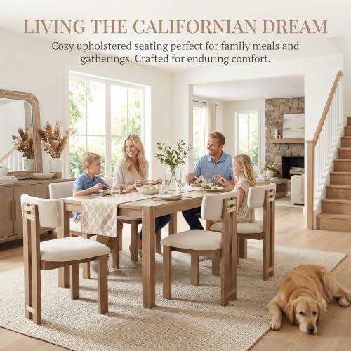 Image of HNY Modern Farmhouse Linen Dining Chairs Set of 6, Beige Fabric Upholstered Dining Room Kitchen Chairs with Natural Wood Frame & Curved-Back, Armless Accent Wood Chairs for Dining Living Room
