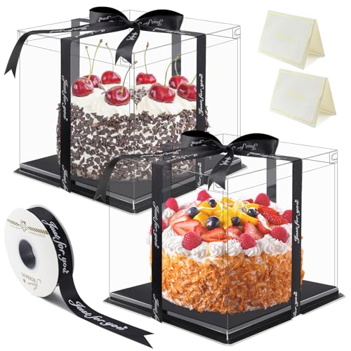 2 STK Transparent Tortenschachtel 30×30×25cm Cake Boxes mit Tortenhaube Tortenkarton kuchen transportbox Cake Box mit Sockel und Band und Geburtstagskarte für Geburtstag Dessert Kuchen (Schwarz)