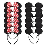 Set of 12 Solid Black with Red Bow Mouse Ears Headband for Party Favor Decorations (Red Black)
