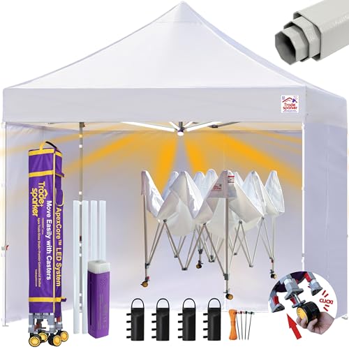 Image of Tradesparker 10x10 Pop Up Tent with Sidewalls,Commercial Movable Canopy ApexCore LED & Rugged Casters-Instant Easy Setup Shelter Canopies,Weight Bags&Stakes for Outdoor Events(White)