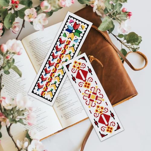 Image of BEUNITONE Cross Stitch Bookmark Kits 6 Pcs Traditional Decorative Patterns Counted Cross Stitch Kit Hand Stamped Embroidery Kit for Beginners Floral Fabric Bookmark Making Kit DIY 8''x2.4''