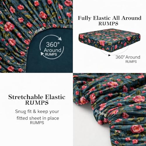 Image of RUMPS 380 TC Premium Heavy Cotton 7D Print Fast Colour Feel Elastic Fitted Floral Bedsheet King Size with 2 Pillow Covers || (Blue,red, Fitted - Double-72 x72)