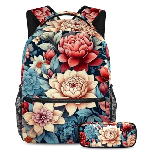 Sac à dos fleurs art vintage avec trousse pour étudiants filles et garçons