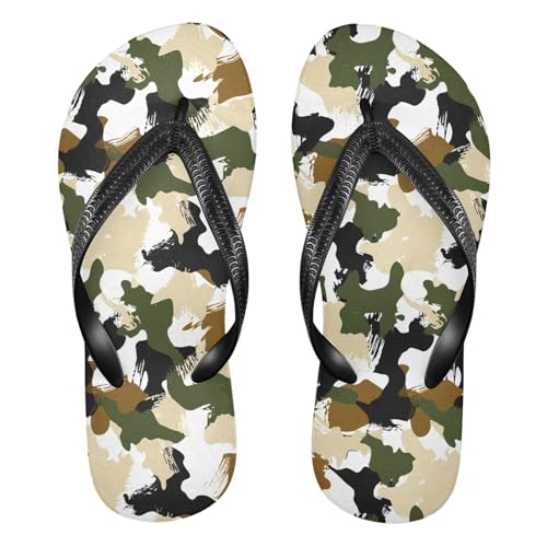 Sinestour Green Beige Camouflage Flip Flops for Beach Thong Sandals Anti-slip Lightweight Flat Slippers for Indoor Outdoor House