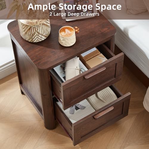 Image of Joaxswe Farmhouse Night Stand with Charging Station, End Tables Bedroom with 2 Large Drawers & 4 Thickened Table Legs, Walnut