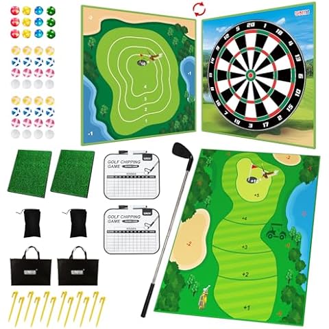 Velcro Chipping Golf Game Mat Golf Practice Mats Indoor Outdoor Games for Adults and Family Stick Chip Game Golf Set Outdoor Play Backyard Games Outdoor Toys Gifts for Kid (with Club Cover