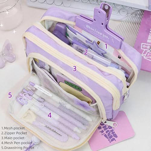 Image of FINPAC Pencil Case, 5-Layer Large Capacity Pen Case with Drawstring, Durable Stylish Bag Pouch Holder Box Organize for Study, Office, or Travel (Purple)
