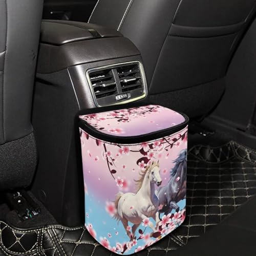 Image of Horse Animal Car Trash Bin Bag with Pink Cherry Blossom,Hanging Auto Garbage Can Waste Storage Bag Universal Fit Most Vehicle Truck SUV,Durable and Leak Proof