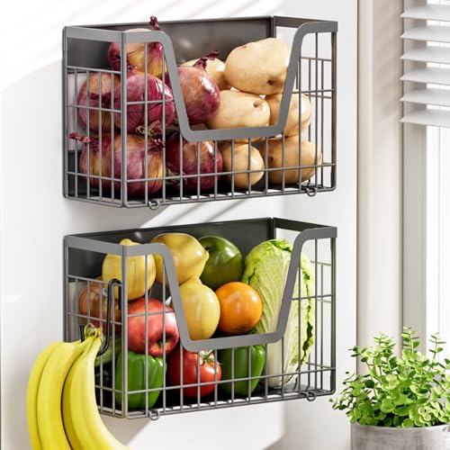 Image of Grey Magnetic Shelf for Fridge, 2-Pack Potato and Onion Storage Bin | Magnetic Fruit Basket for Fridge, Magnetic Shelves Kitchen Pantry Organizers & Storage, Magnetic Spice Rack for Refrigerator