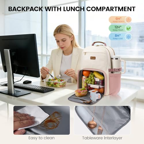 Image of LOVEVOOK Lunch Backpack with Lunch Compartment,15.6 Inch Laptop Work Travel Insulated Cooler Backpack, Waterproof College Teacher Lunch Bag Box with Tumbler Holder,Gifts for Men Women,Beige-Pink-Brown