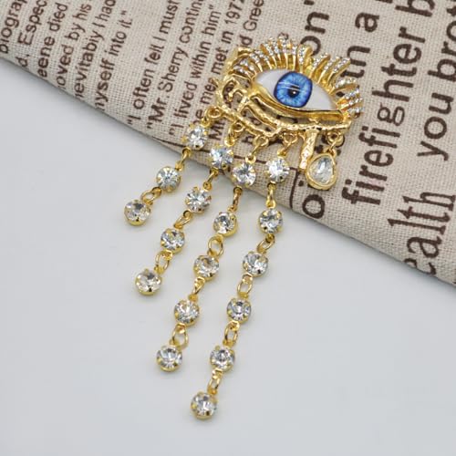 Image of Evil Eye Tassel Lapel Brooch Pin Golden Plated Crystal Lucky Blue Eyes Rhinestone Waterdrop Brooches Pins for Women Girls Dainty Jewelry Gifts for Dress Suit Hat Backpack Clothing Accessories