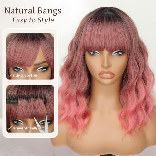 Image of Nnzes Pink Wig with Bangs for Women Short Bob Wavy Charming Synthetic Wigs with Natural Shoulder Length Curly Heat Resistant Fiber Hair for Daily Party Use