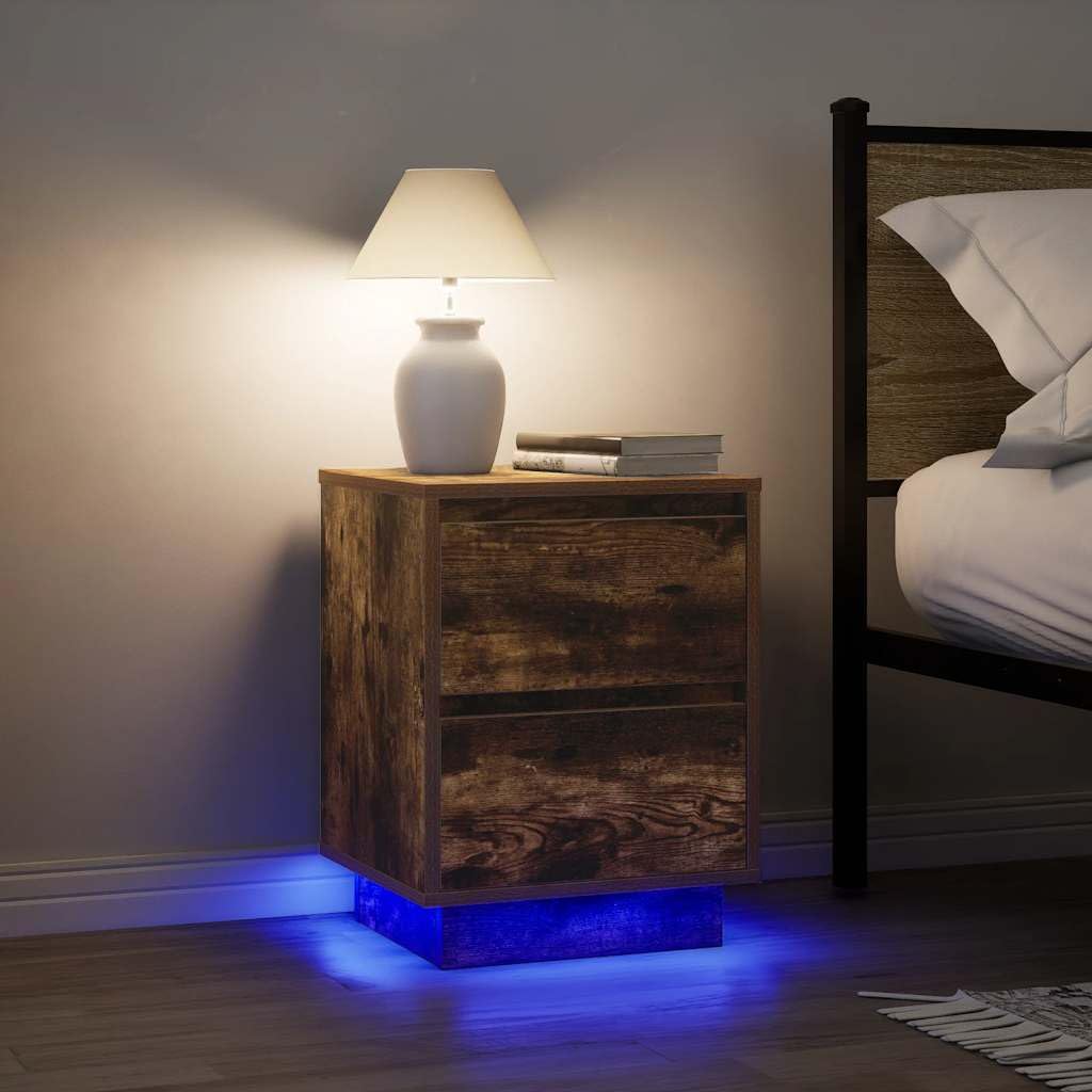 SXZenSpace 861292 Bedside Cabinets with LED Lights 2 pcs Smoked Oak 38x34x50 cm Bedroom Cabinet,Storage Nightstand Side Table