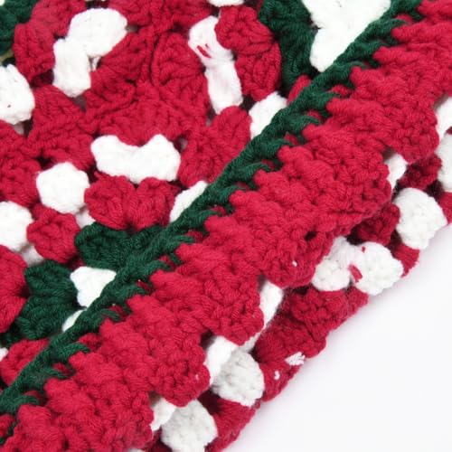 Crochet Hat and Fingerless Gloves Set, Red Green Boho Granny Square Knit Beanie Hat Handmade Crochet Hat2