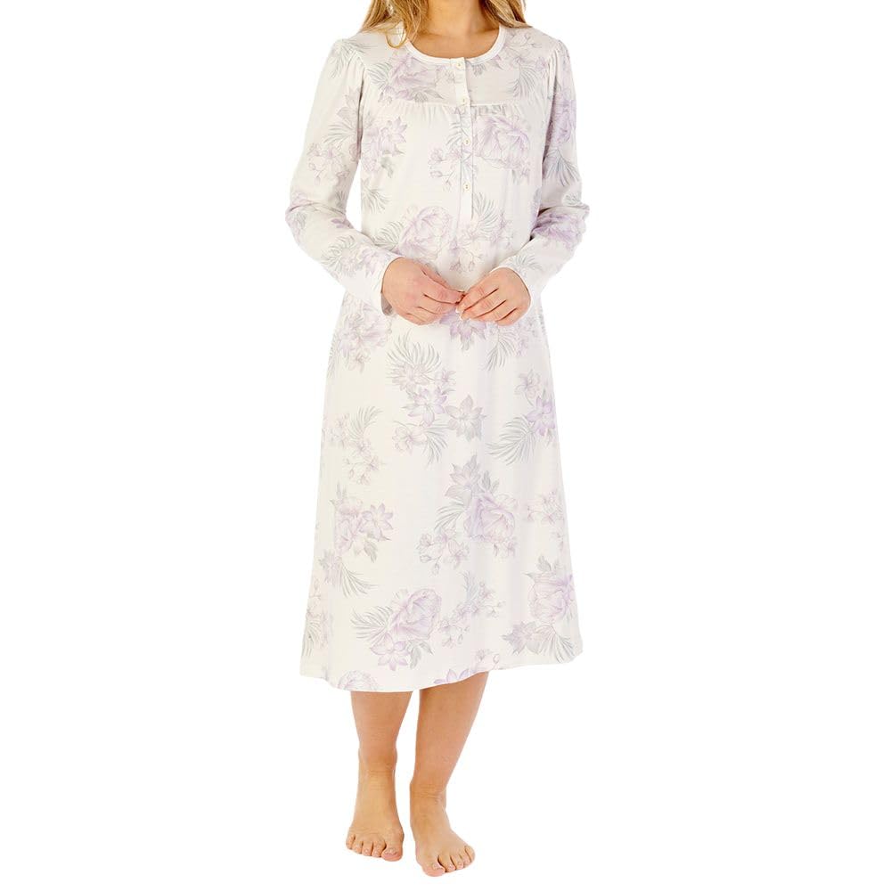 Slenderella Women's Cream Lilly Long Sleeve Buttoned Top 45 Inch Cotton Nightdress (16/18, )