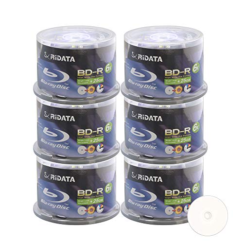 Image of 300 Pack Ridata 6X BD-R BDR 25GB Single Layer Blue Blu-ray White Inkjet Hub Printable Recordable Blank Media Disc with Spindle Packing