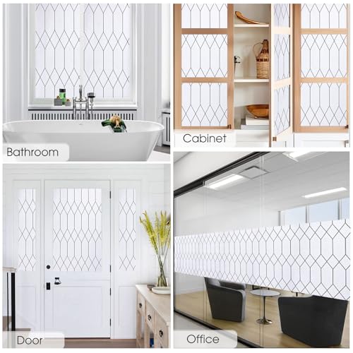 Image of Windimiley Window Privacy Film Stained Glass Static Clings, Bathroom Frosted Leaded Decorative Window Stickers, UV Heat Blocking Opaque Removable for Home Door Coverings (17.5 x 78.7in,White)