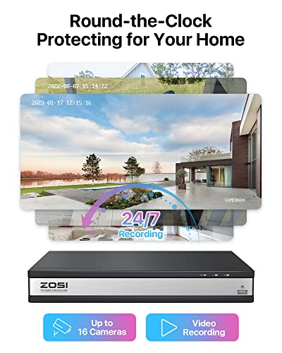 Image of ZOSI 16CH Home Security Camera System with 2TB HDD, 8-Pack 1080P Wired Outdoor Indoor Cameras, H.265+ 16-Channel DVR, AI Human /Vehicle Detection, 80ft Night Vision, 24 /7 Recording, No Monthly Fee