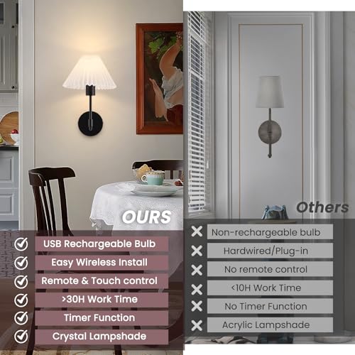 Image of EIDISUNY Battery Operated Wall Sconces Set of 2, Wireless Wall Sconce with Remote Dimmable RGB, Rechargeable Wall Lights for Bedroom Living Room Kitchen Hallway Wall Decor (Black)