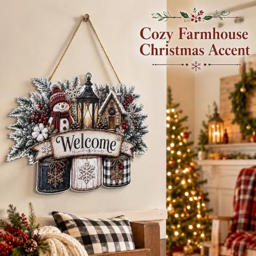 Image of Christmas Decorations - Winter Snowman Welcome Wooden Sign for Front Door