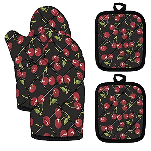 Jiueut 4 Pcs Red Cherry Fruit Print Oven Mitt And Pot Holder Set,Heat Resistant Non-Slip Kitchen Glove And Potholder For Cooking,Baking,Grilling #TOP15