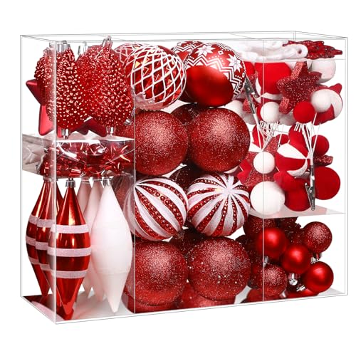SHareconn 112ct Christmas Tree Balls Ornaments, Classic Pearl Gift Box, Shatterproof Plastic Decorative Baubles for Xmas Tree Decor Holiday Wedding Party Decoration with Hanging Hooks, Red & White