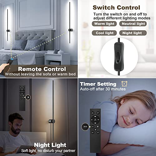 Image of GOODATE Wall Sconces Set of Two with Remote, Stepless Colors 3000K-6500K & Stepless Dimming, Hardwire or Plug-in, 180 Rotate, LED Black Plug in Wall Sconces with Timer & Night Light, 39.4 Inches