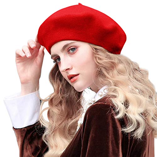 French Beret,Lightweight Casual Classic Wool Beret Solid Color Womens Beret Cap Hat (Red One Size) â€¦