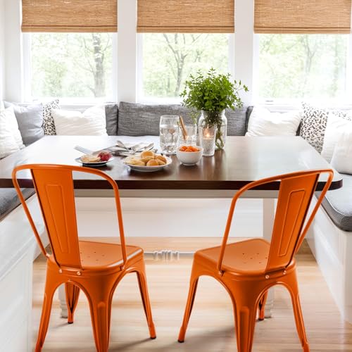 Image of Furmax Metal Dining Chair Indoor Outdoor Use Stackable Classic Trattoria Chair Chic Dining Bistro Cafe Side Metal Chairs Set of 4 (Orange)