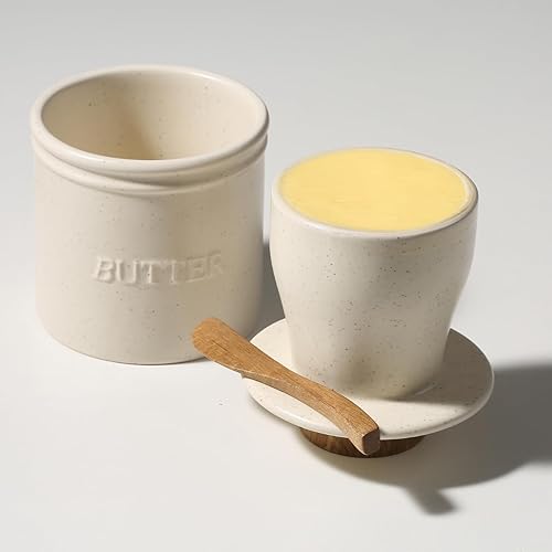 Miniatura 2 de Mantequillera con cuchillo de madera para encimera, de cerámica, mantequilla francesa con línea de agua, soporte para mantequilla para mostrador de