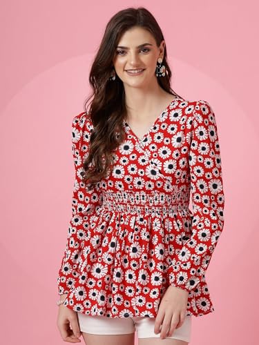 Image of Sheetal Associates Women's Crepe Puff Sleeves Peplum Top with Floral Printed Regular Fit Full Sleeve and V-Neck Maxi Length