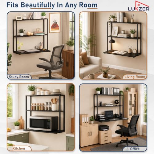 Image of Lukzer Wall Mounted Study Table with Multipurpose Storage Shelves (MMR-007 /Black & Black) Engineered Wood & Metal Frame, Space Saving Work Desk for Laptop, Bookshelf, Decor & Home Office (83x79x40 cm)
