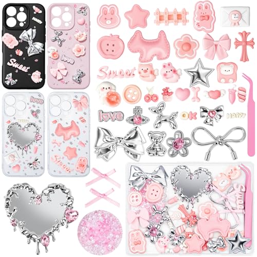 Noledome Junk Case Charms Kit - Pink-Silver Themed Flat Back Resin Pieces - Phone Decorations with Mirror and Tweezers - Kawaii Accessories for DIY Cute and Junk Phone Case Jewelry Nail Art Shoes Socks Keychains