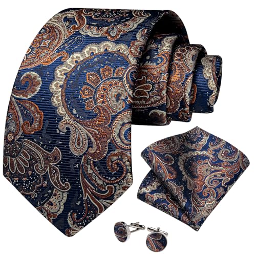 Image of DiBanGu Mens Paisley Tie Sets Silk Jacquard Woven Floral Necktie and Pocket Square Cufflinks Wedding Business Party