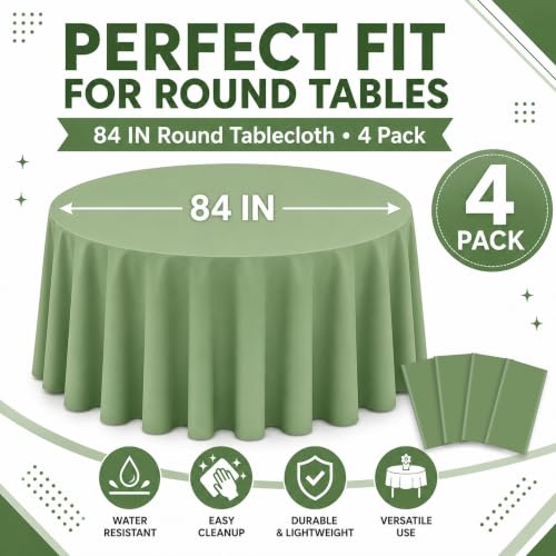 Image of WNINK 4 Pack Sage Green Round Tablecloth, 84 Inch Disposable Plastic Table Covers, Sage Green Round Table Cover for Wedding, Baby Shower, Bridal Shower, Birthday and Garden Party Supplies